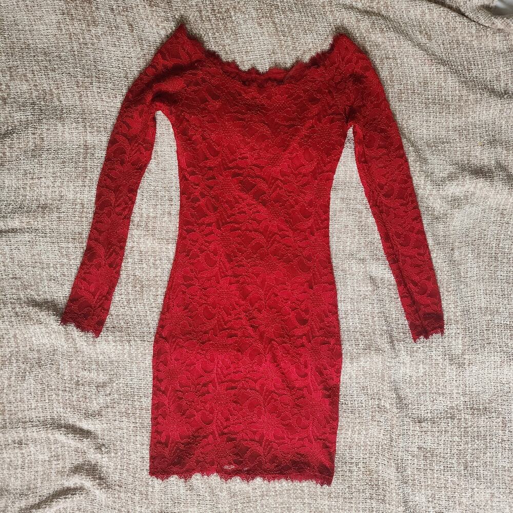 Jump Apparel Red Lace Floral Bodycon Short Long Sleeve Dress Size S